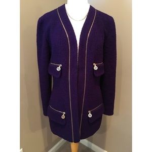 ✨Vintage CHANEL CC Logo Purple Fantasy Tweed Boucle Wool Skirt Jacket Suit